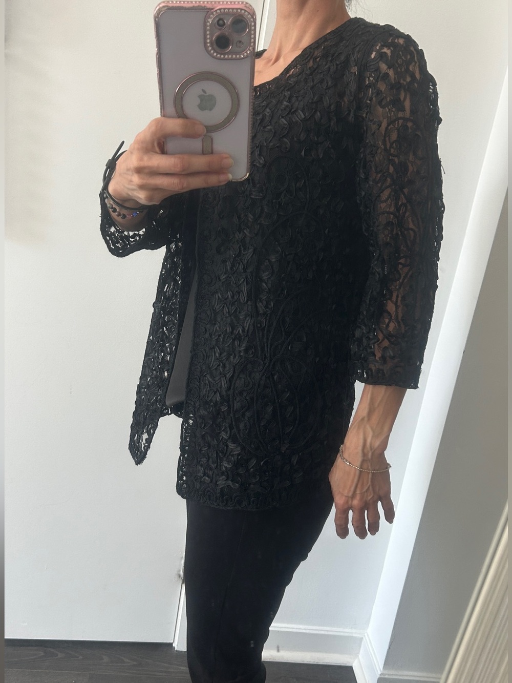 Vintage Black Lace Ribbon Crochet Sheer Cardigan Jacket Whimsigoth  S/P